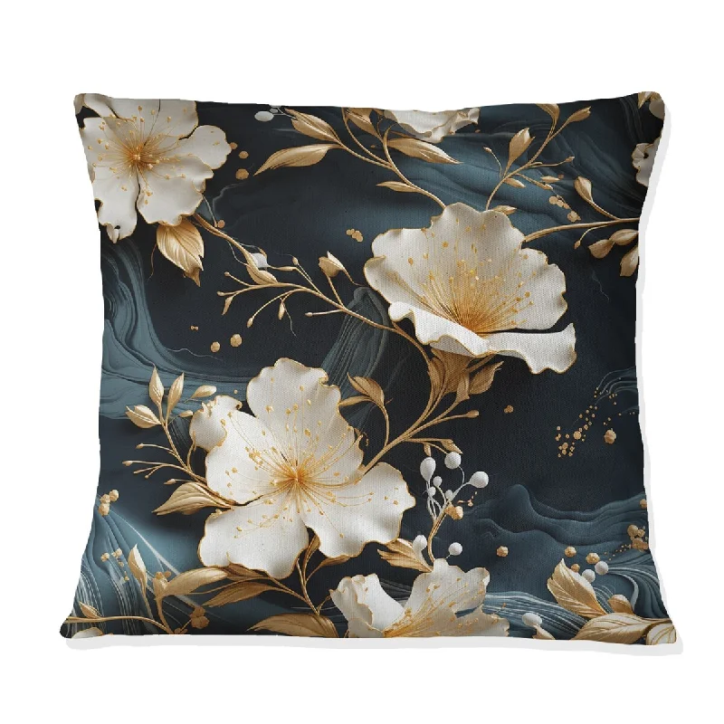 Designart "Gilded White Floral Marble Splendor" Marble Printed Throw Pillow