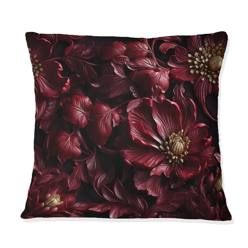 Designart "Regal Burgundy Flowers Majesty Elegance II" Glam Printed Throw Pillow