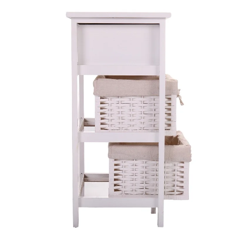 Elegant Bedroom Storage Cabinet Coffee Table with Drawers and 2 Storage Baskets, White Dressing Table Side Table