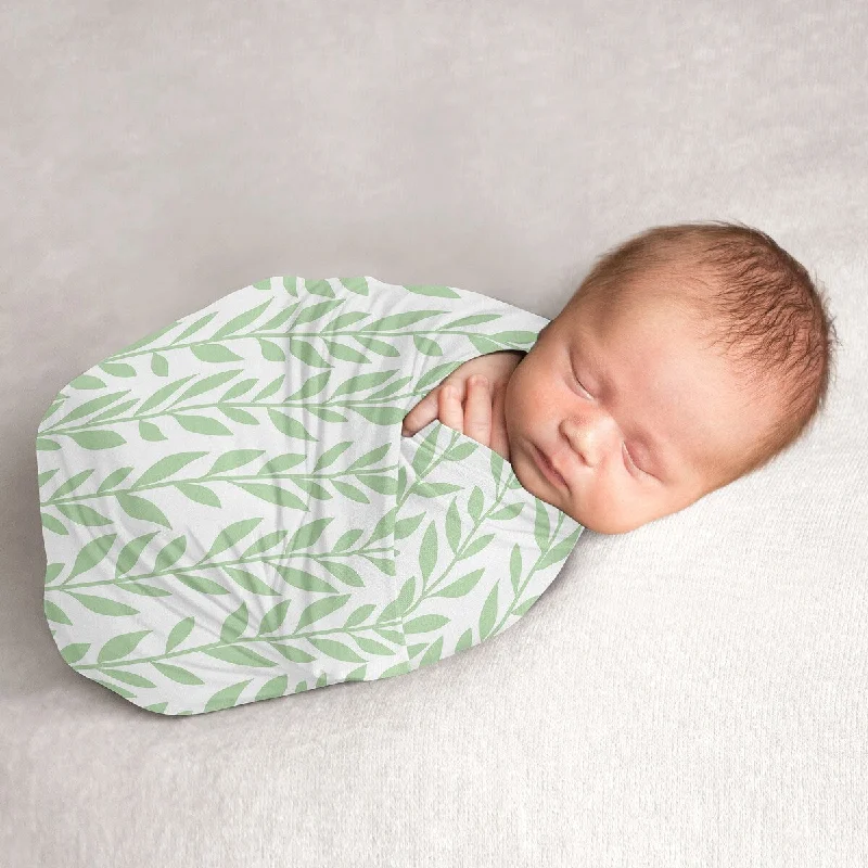 Floral Leaf Boy Girl Baby Swaddle Receiving Blanket Green and White Gender Neutral Boho Farmhouse For Sunflower Collection