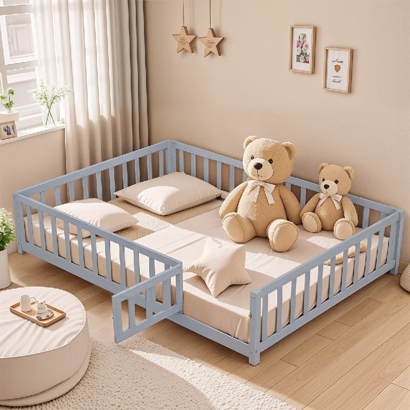 Full Size Wooden Floor Platform Bed with Fence,Door,Support Slats for Toddlers