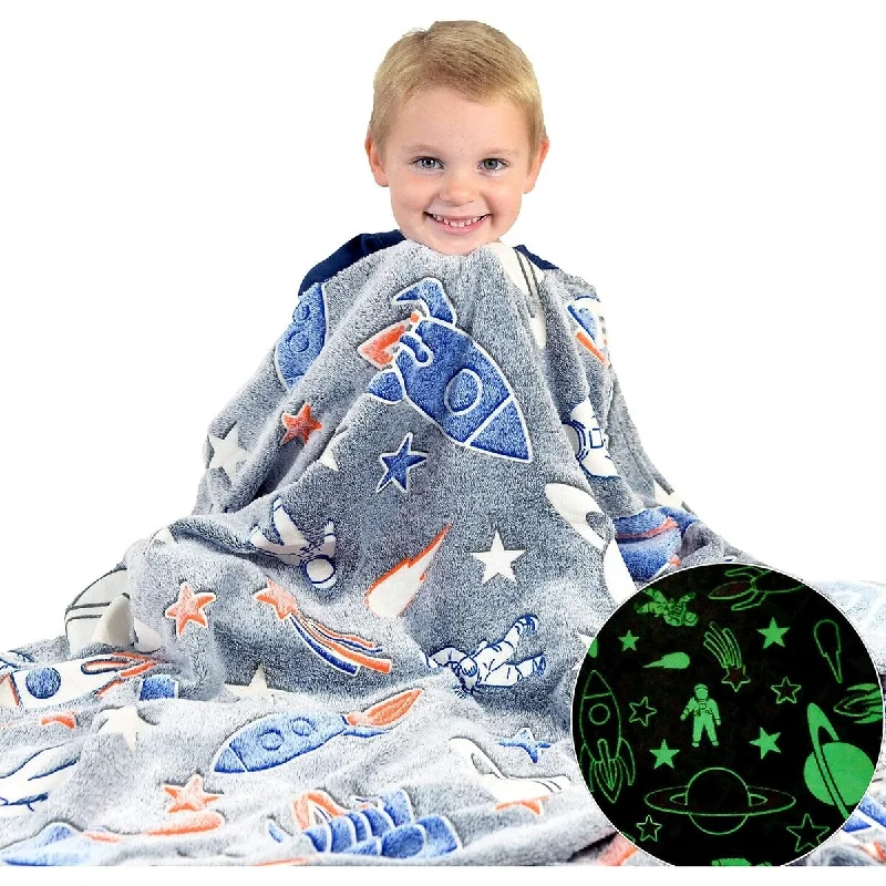 Glow in the Dark Plush Space Blanket for Kids - Girls and Boys Spaceship, Rockets, and Stars Large 60 x 50 inches Throw Blanket