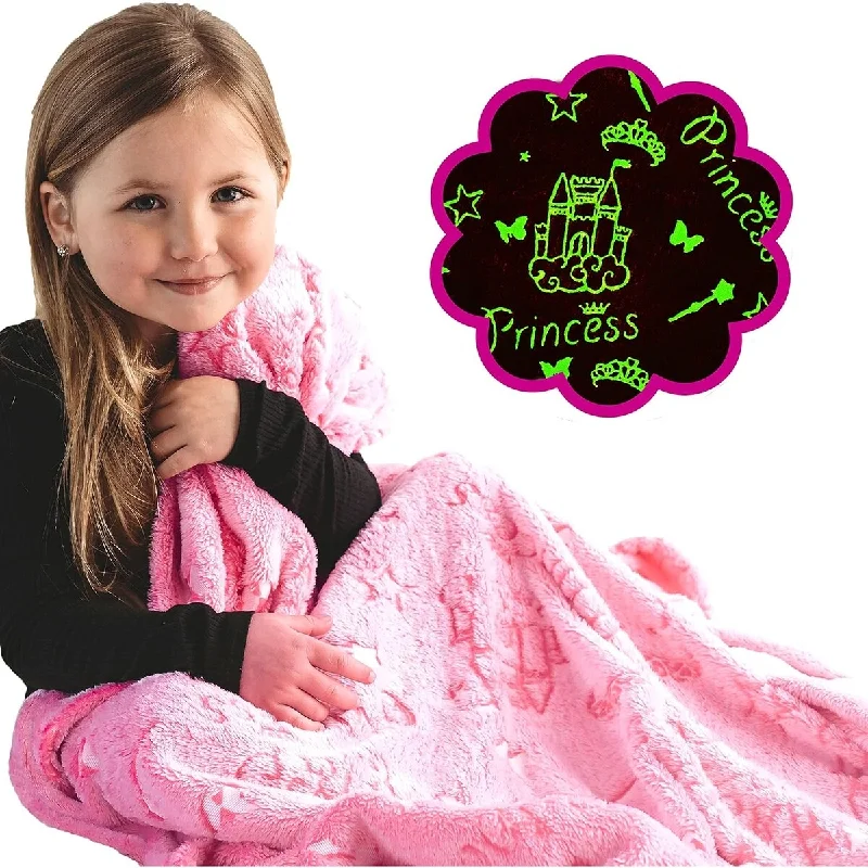 Glow in the Dark Princess Pink and White Soft Plush Blanket for Kids - Girls Large 60 x 50 inches Throw Blanket