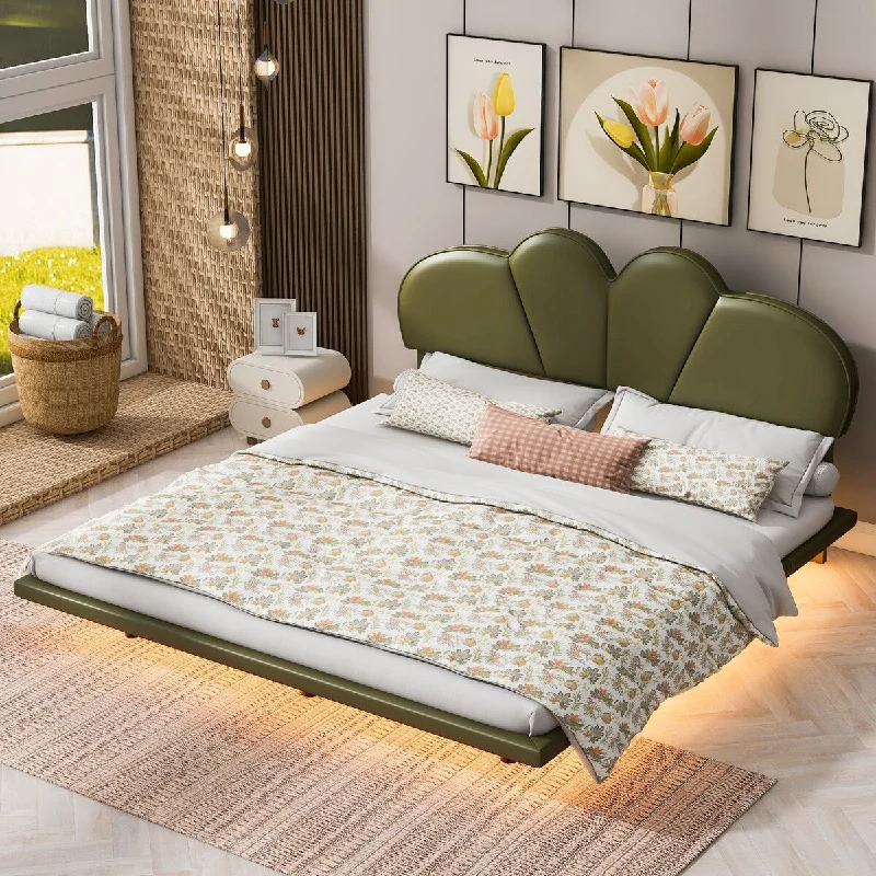 Green Queen Size/ Upholstered LED Floating Bed with PU Leather Headboard, /Green