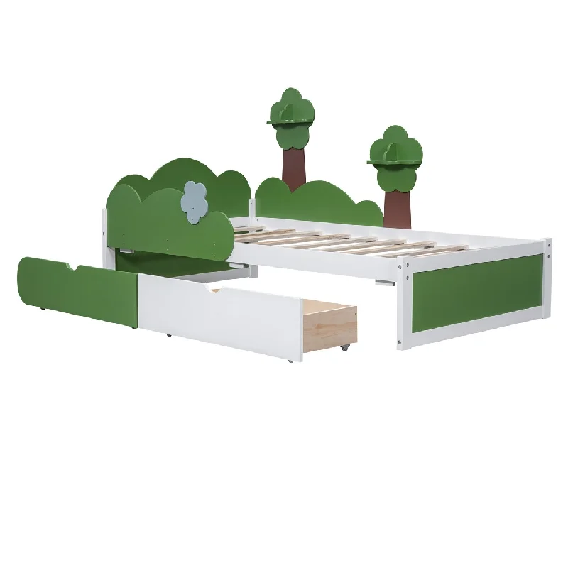 Green Twin Size Bed Featuring Grass Hill and Tree Decorations