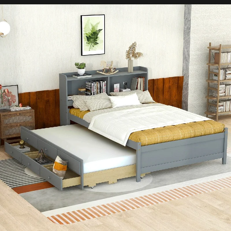 Grey Full Size Bed with USB & Type-C Ports, LED Light, Bookcase Headboard, with Trundle Bed, and 3 Storage Drawers