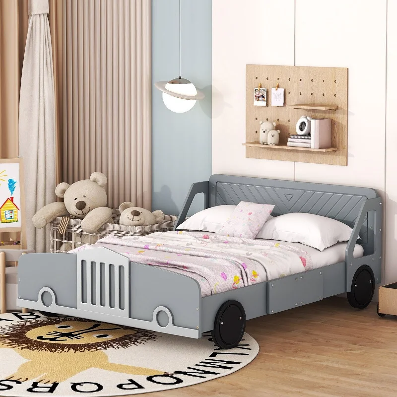 Grey Full Size Car-Shaped Platform Bed with Wheels and Headboard