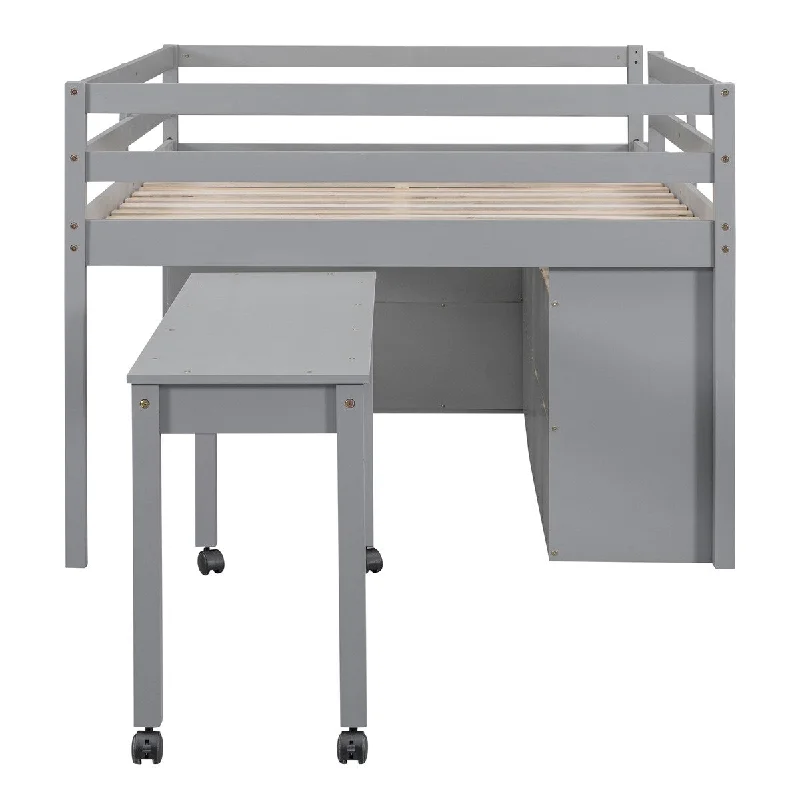 Grey Full Size Loft Bed with Retractable Writing Desk and 4 Drawers - /