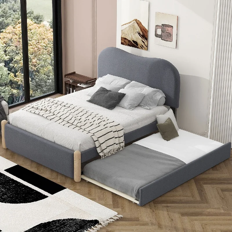 Grey Full Size Upholstered Platform Bed with Headboard, Wood Supporting Feet and Trundle