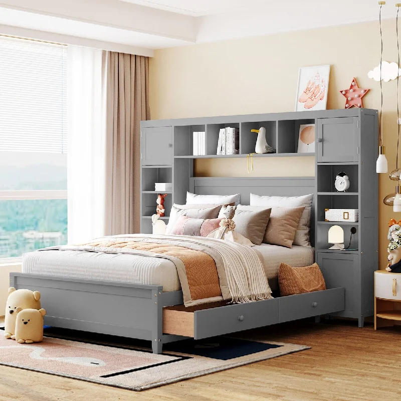 Grey Full Size Wooden Bed with All-in-One Cabinet and Shelf - Space-Saving Storage Solution, High-Quality Wood Construction