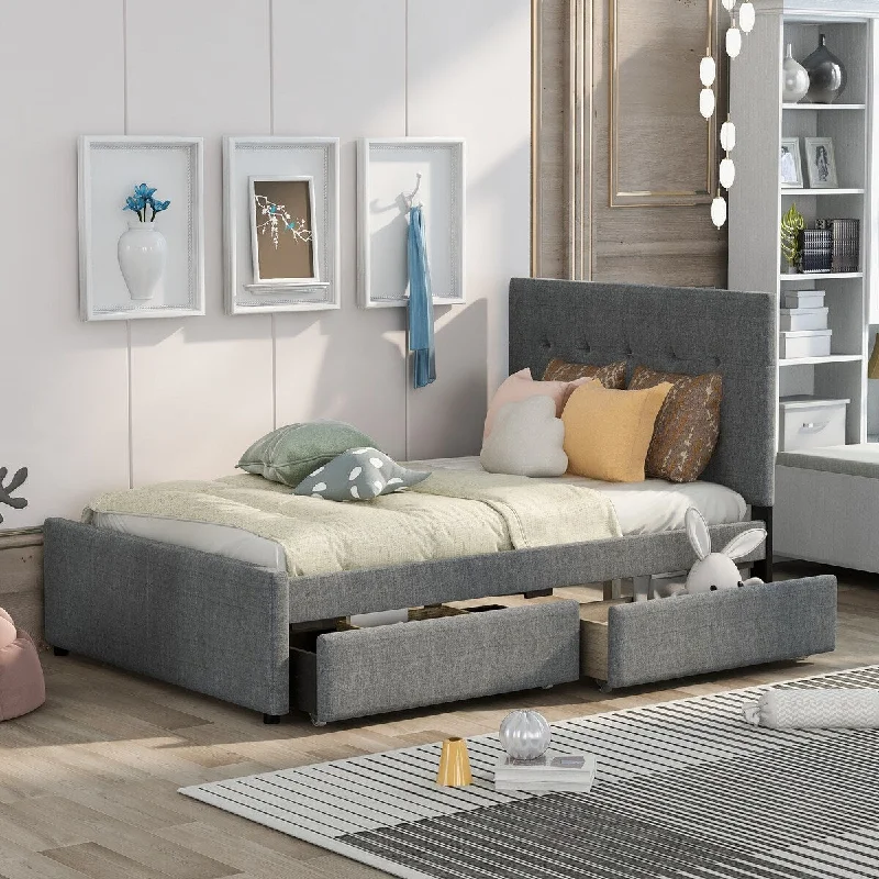 Grey Full SizeLinen Upholstered Platform Bed with Headboard, Two Drawers,