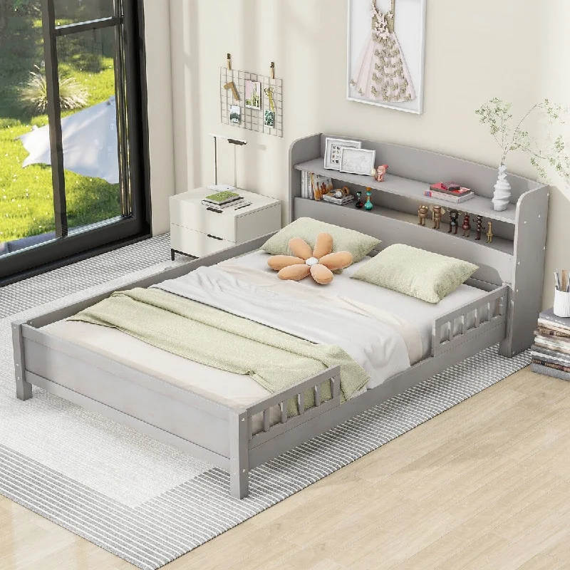 Grey Full SizeWood Platform Bed with LED Light, Storage Headboard, and Guardrail