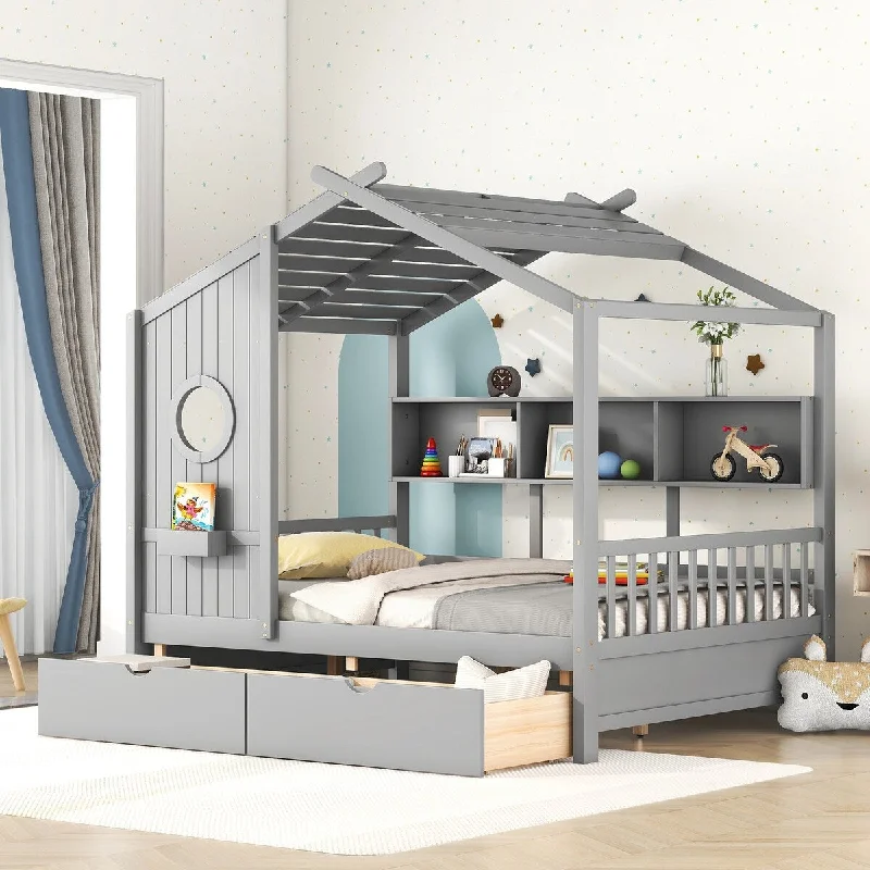 Grey Full SizeWooden House Bed with Two Drawers and Storage Shelf, Available in /