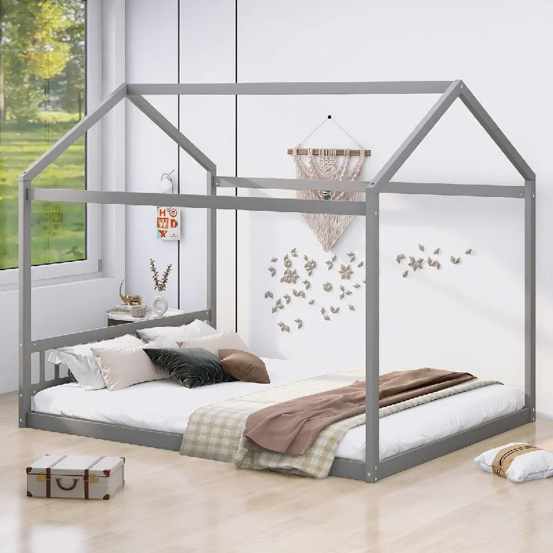 Grey Queen Size Wooden House Bed with Headboard