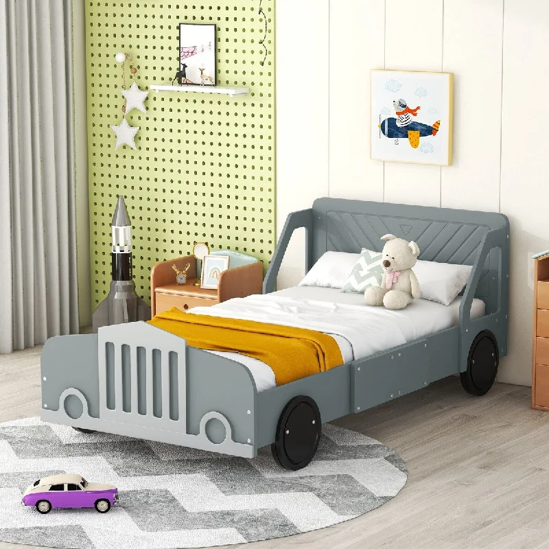 Grey Twin Size Car-Shaped Platform Bed with Wheels