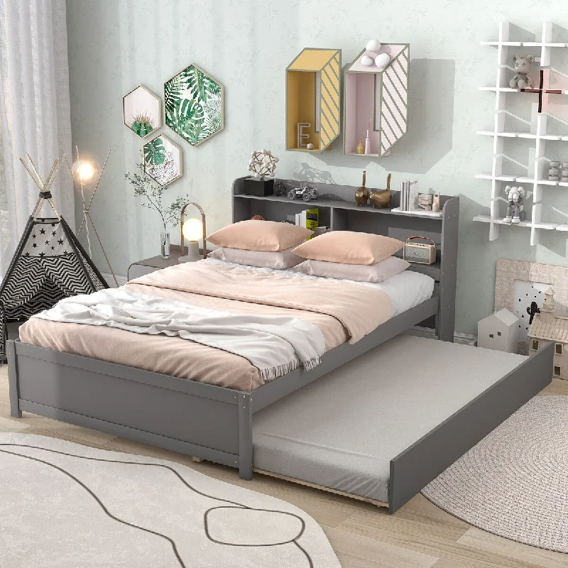 Grey Twin Size Platform Bed with Trundle