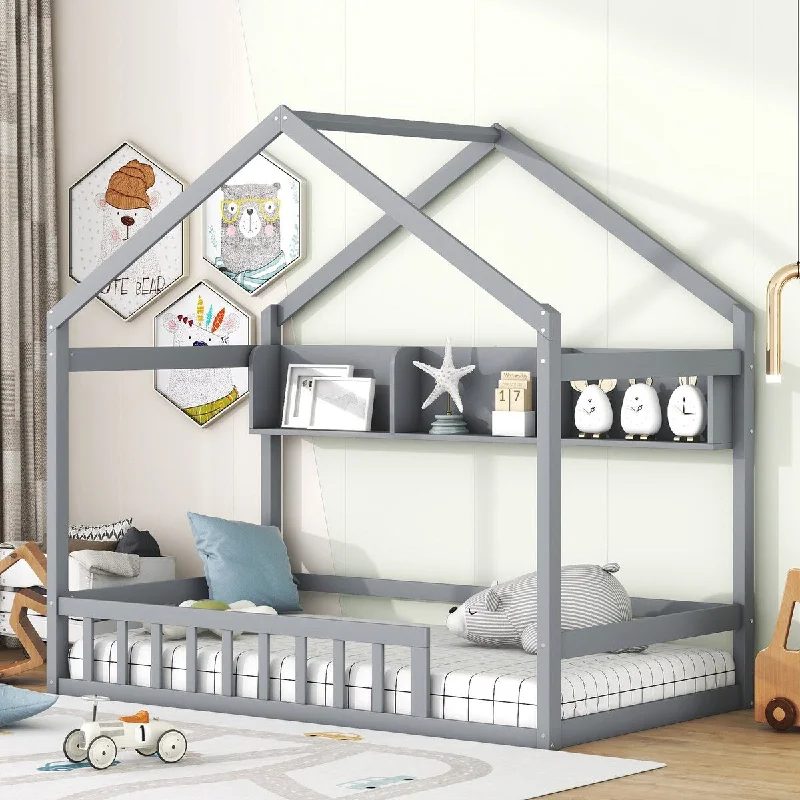 Grey Twin Size Solid Wood House Bed with Storage Shelf,Kids Bed with Fence and Roof