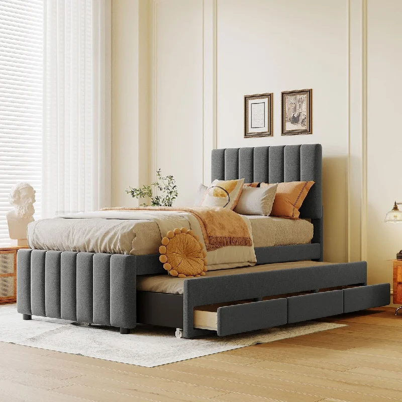 Grey Twin Size Upholstered Platform Bed with Trundle