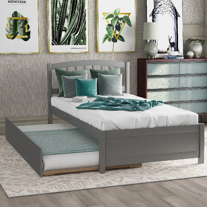 Grey Twin Size Wood Platform Bed with Trundle