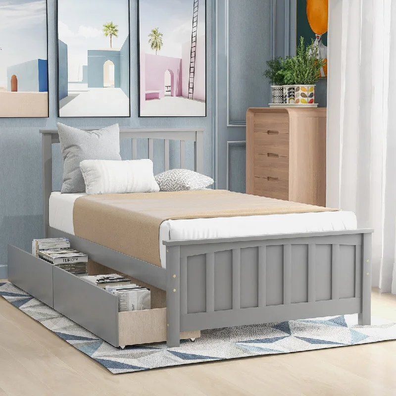 Grey Twin Size Wood Platform Bed with Trundle - Stylish and Solid Design