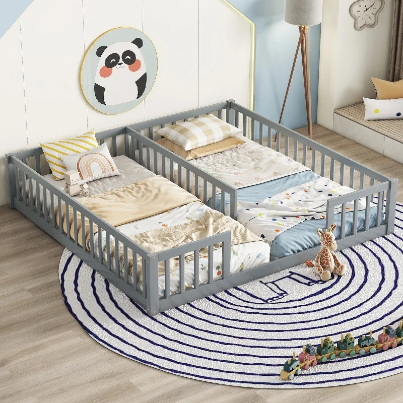 Grey Twin SizeDouble Wood Floor Bed with Fence and Guardrails