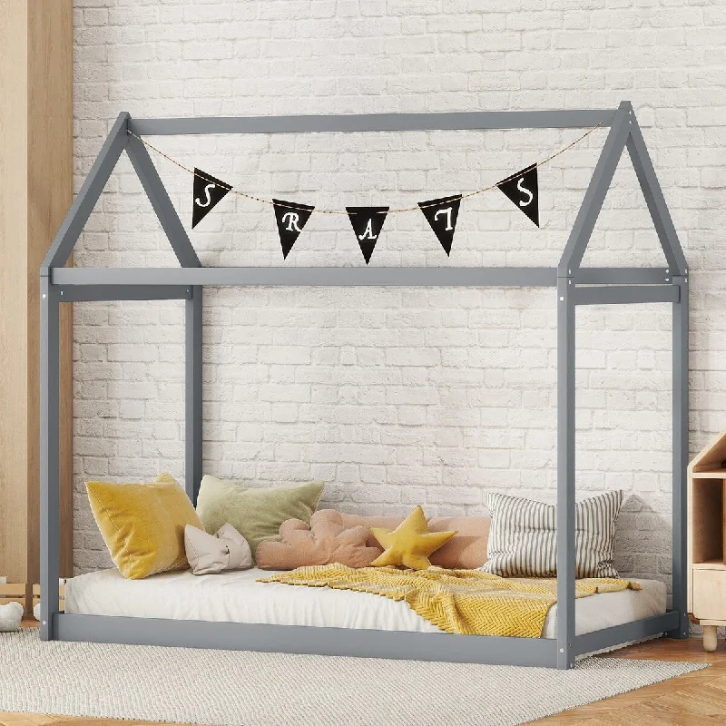 Grey Twin SizeSolid Wood House Bed