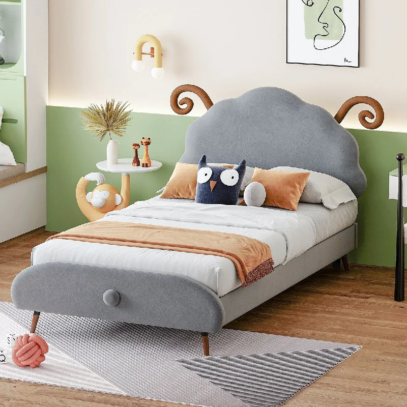 Grey Twin SizeUpholstered Platform Bed with Animal Headboard