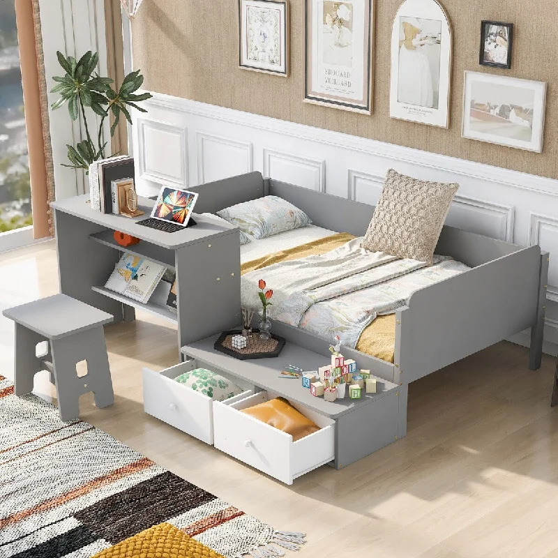 Grey Twin SizeWood Platform Bed with Dual Drawers, Chair, and Desk