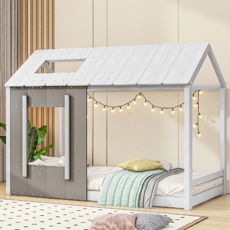 Grey Twin Wood House Bed with Roof