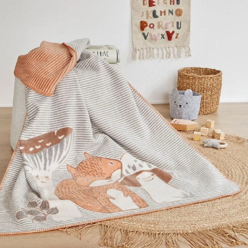 IBENA Baby & Kids Squirrel and Friends Mushroom Nature Theme Striped Blanket