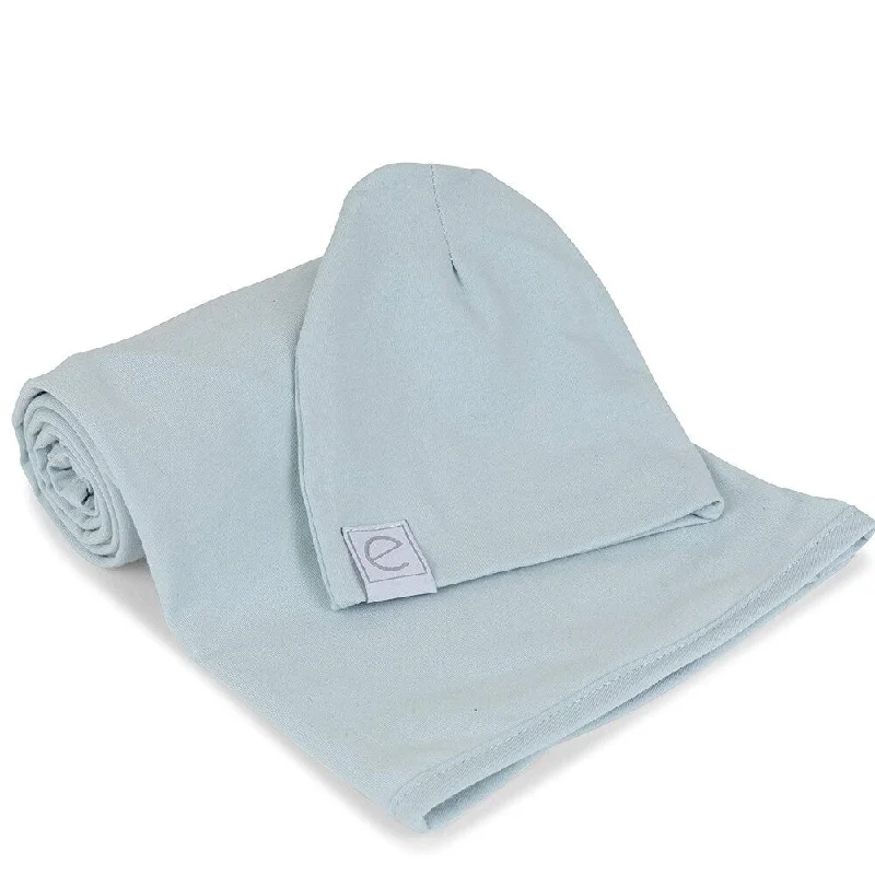 Jersey Cotton Swaddle Blankets with Baby Hat -Baby Blue - N/A