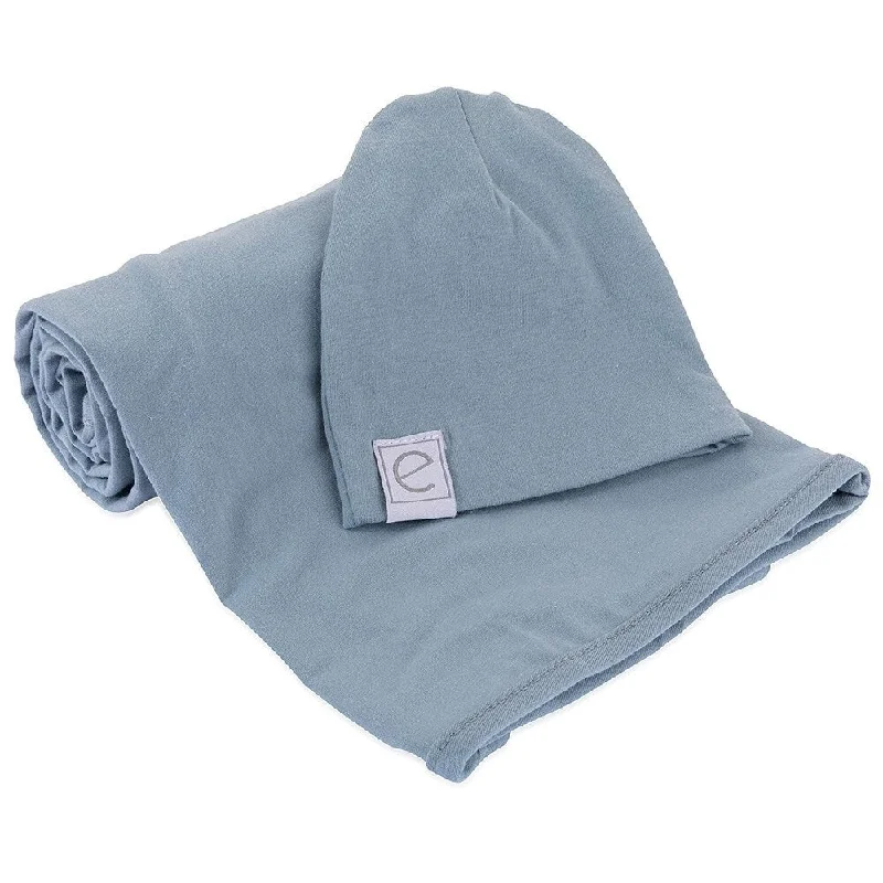 Jersey Cotton Swaddle Blankets with Baby Hat -Dusty Blue - N/A