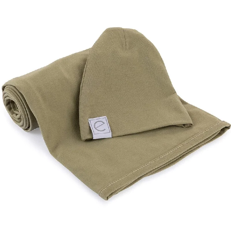 Jersey Cotton Swaddle Blankets with Baby Hat -Khaki - N/A