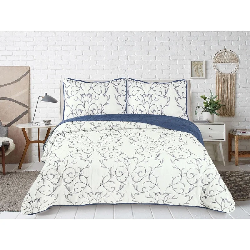 Marina Decoration Embroidered Stitching Coverlet Bedspread Ultra Soft Solid Summer Quilt Set, Modern Branch Pattern