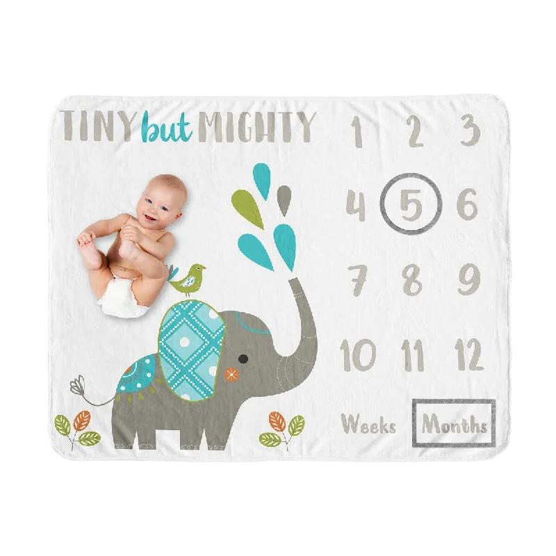 Mod Elephant Boy or Girl Baby Monthly Milestone Blanket - Gender Neutral Turquoise Blue, Green, and Grey Modern Safari Animal