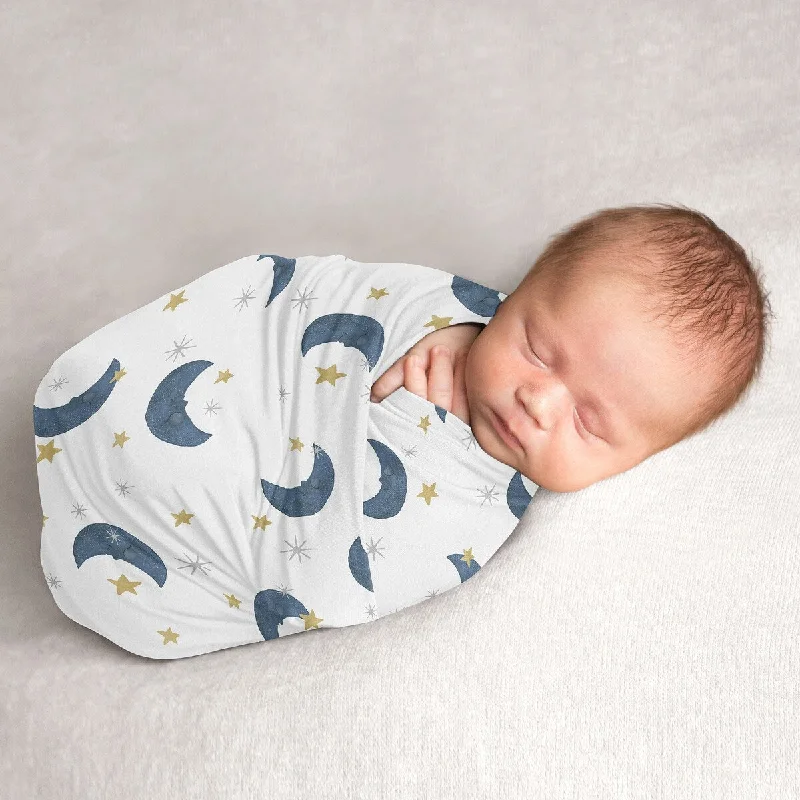 Moon and Star Collection Boy or Girl Baby Swaddle Receiving Blanket - Navy Blue and Gold Watercolor Celestial Sky Gender Neutral