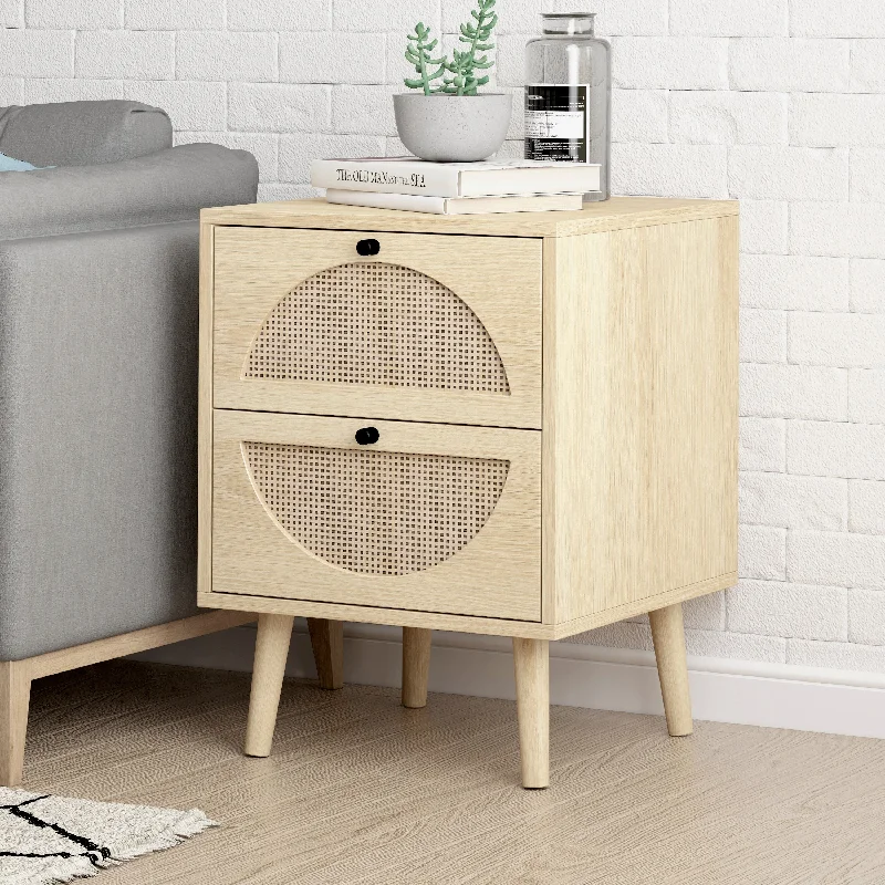 Natural Corner Table Entry Table with Two Rattan Drawers, Simple Sofa Side Table Bedroom Bedside Table Dresser