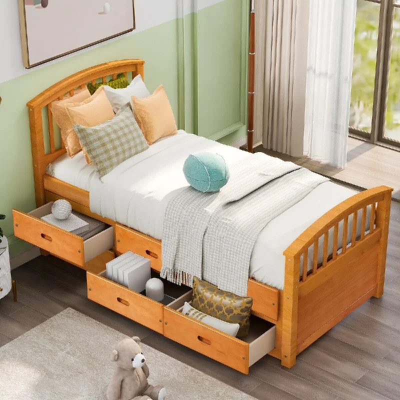 Orange Twin Size Storage Platform Bed with Six Drawers - Pinewood Construction