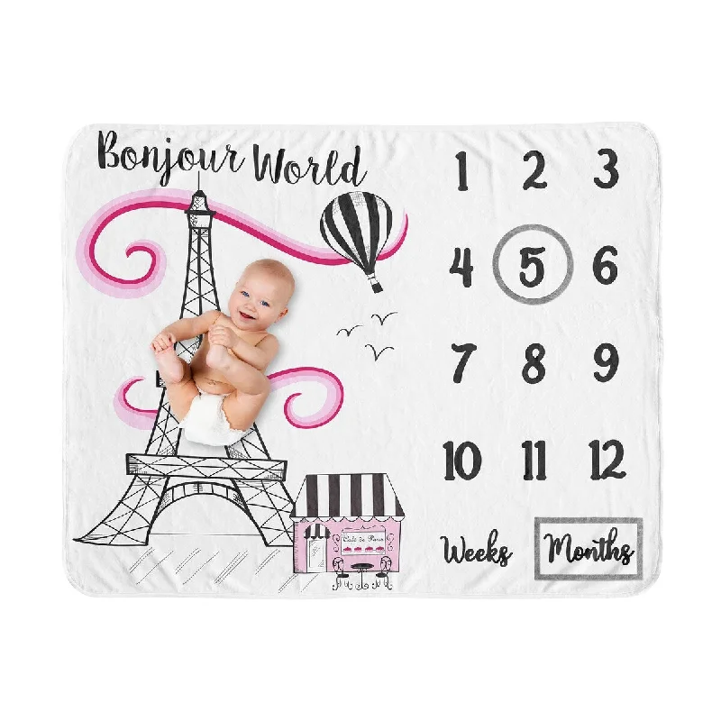 Paris Collection Girl Baby Monthly Milestone Blanket - Hot Pink Black White Eiffel Tower Striped Hot Air Balloon Bonjour World