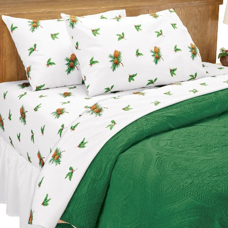 Pine Sprigs and Holly Bed Sheet and Pillowcase Set