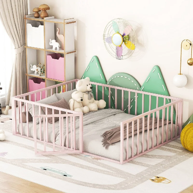 Pink Full Size Metal Floor Bed Frame with Fence