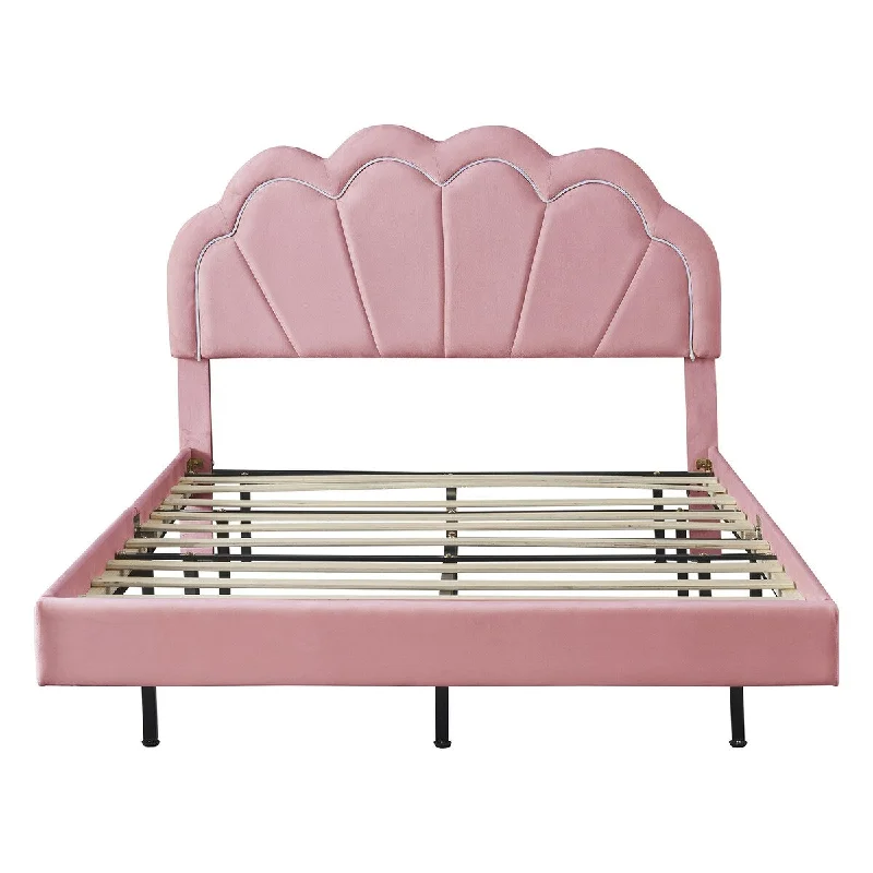 Pink Full Size Upholstered Platform Bed with LED Lighting