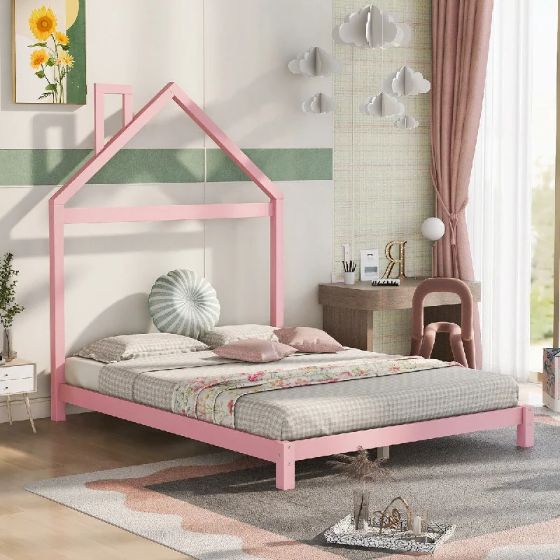 Pink Full Size Wood Platform Bed with House-Shaped Headboard