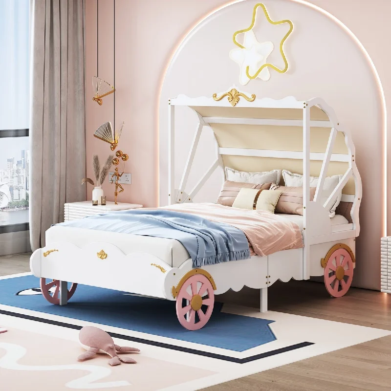 Pink Twin Size/ Princess Carriage Bed with Canopy and Delicate 3D Carving Pattern