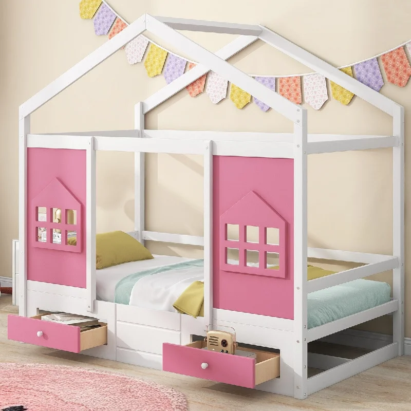 Pink Twin Size Wood House Bed with Built-in Drawers for Added Storage