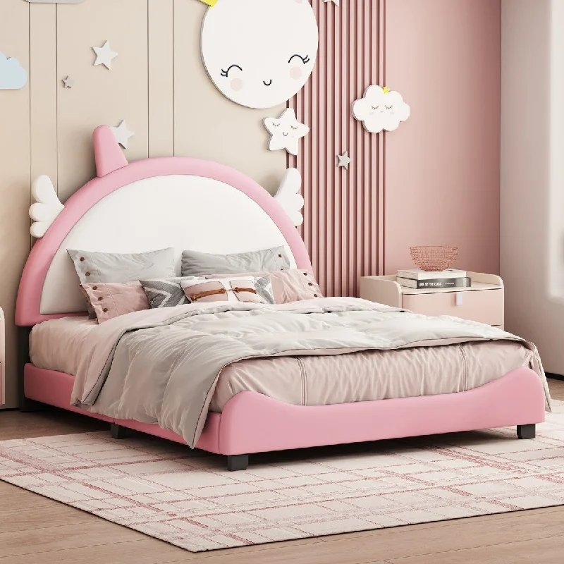 Pink Twin SizeCute Upholstered Bed with Unicorn Headboard