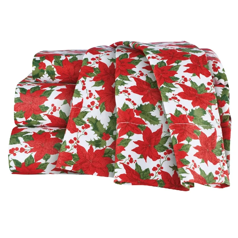 Poinsettia Holly Bedsheets and Pillowcases Set