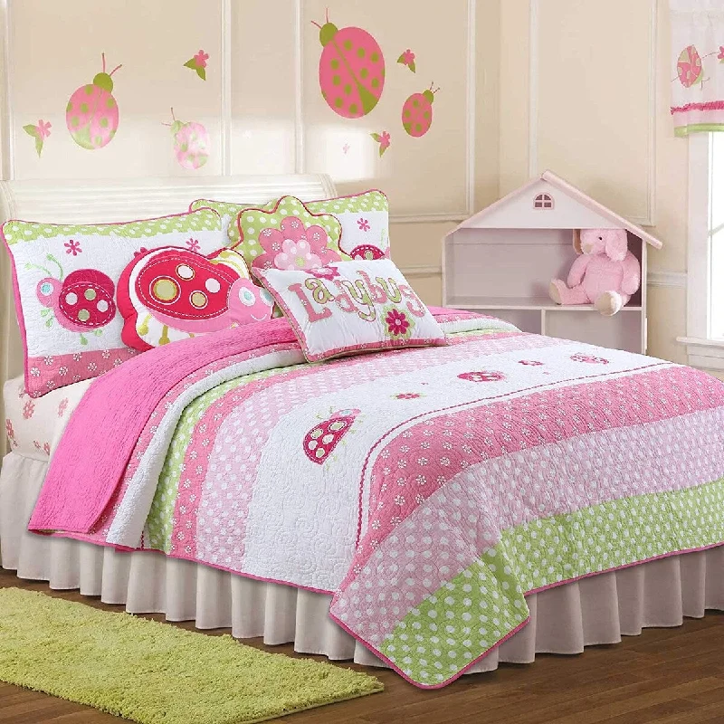 Porch & Den Cami Pink Ladybug Quilt Set With Decorative Pillows