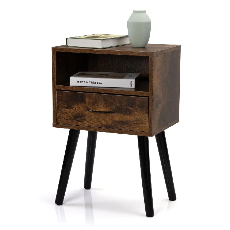 Practical Bedroom Bedside Table with Hidden Drawers and Open Shelves, Office Filing Cabinet, Rustic Brown Coffee Table