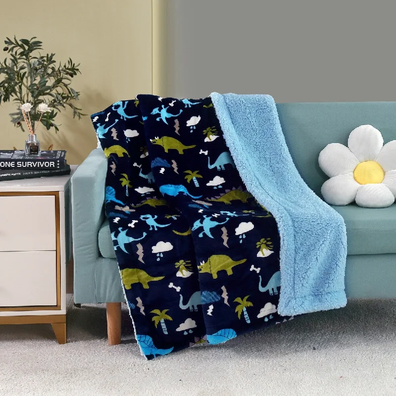 Printed Flannel Fleece Throw Sherpa Kids Blanket, 40 x 50 Inch Dinosaur Zoo with Navy Blue Base